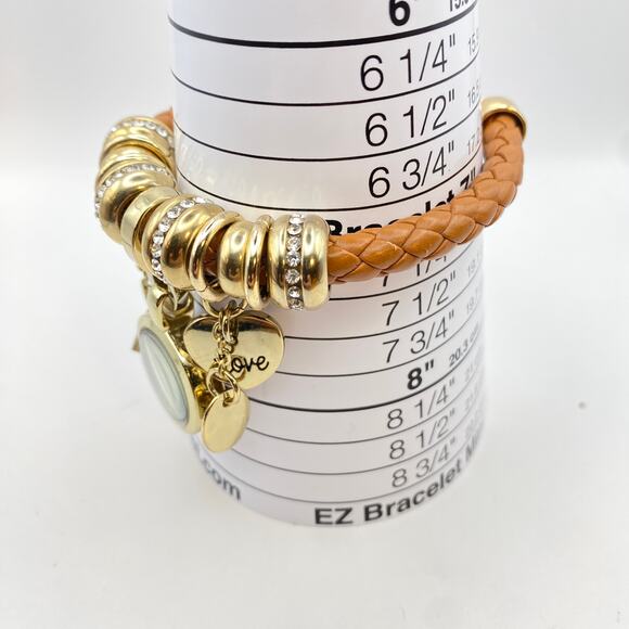 Signed NY&C Watch Charm Bracelet Heart Love Woven Brown Leather Gold Tone - 7" - Picture 9 of 10